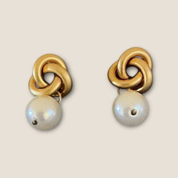 Vintage Love Knot Faux Pearl Dangle Earrings Brushed Gold Finish - Picture 1 of 5